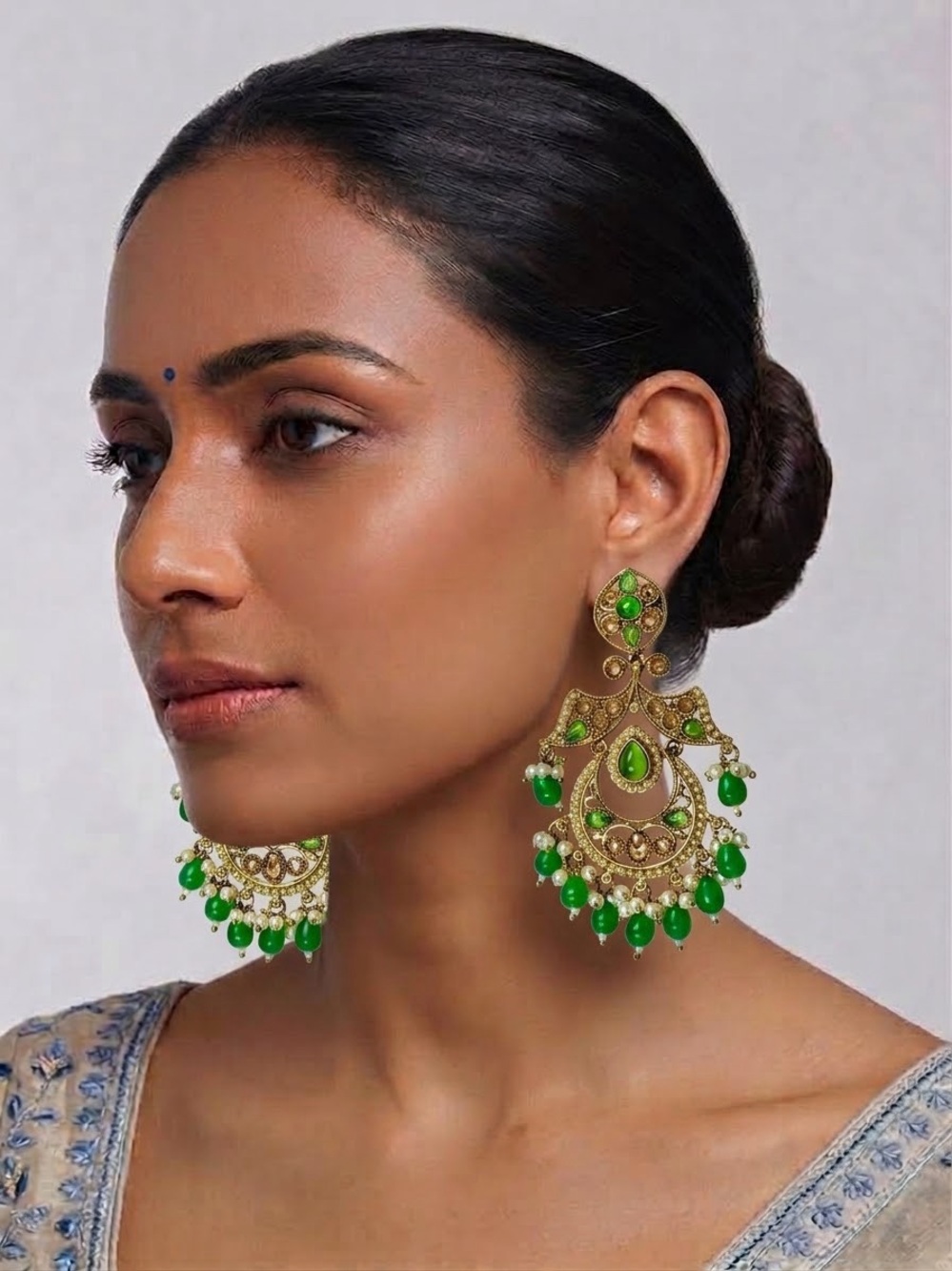 Statement Green and Gold Chandbali Earrings - Women Jewelry